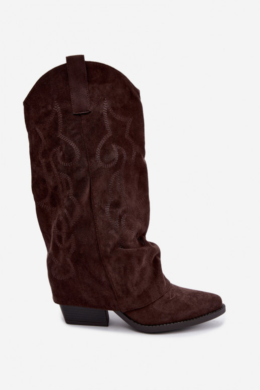 Bottes hautes style cowboy froissées avec talons et tige cousue chocolat Ives