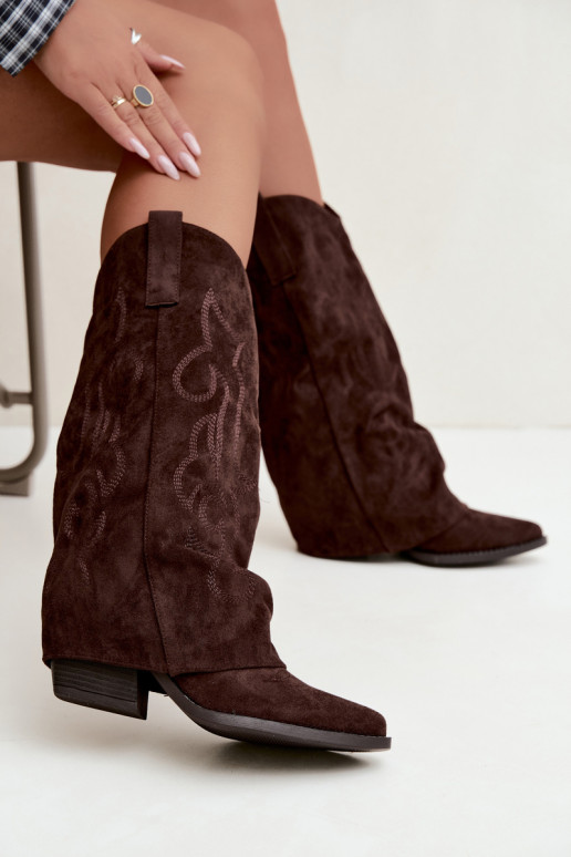 Gekreukelde cowboy-stijl lange laarzen met hakken en gestikte schacht chocolade Ives