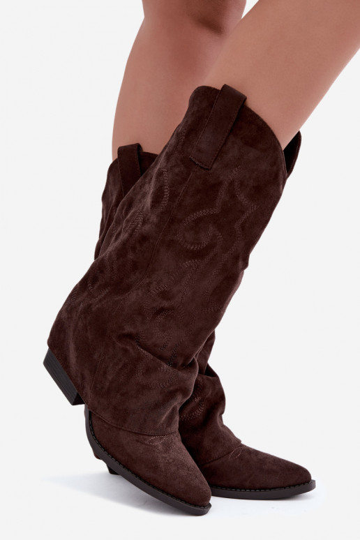 Gekreukelde cowboy-stijl lange laarzen met hakken en gestikte schacht chocolade Ives