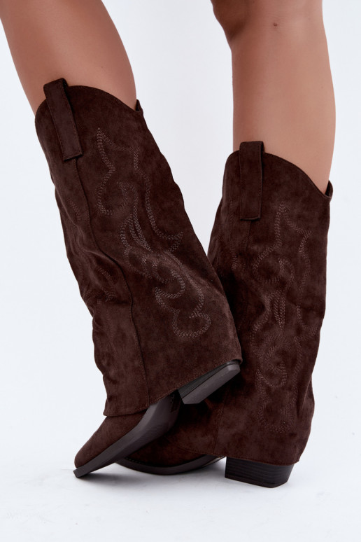 Gekreukelde cowboy-stijl lange laarzen met hakken en gestikte schacht chocolade Ives