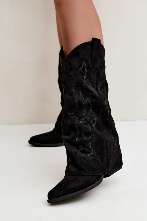 Falten cowboy-stil kniehohe Stiefel mit Absätzen und genähtem Schaft schwarz Ives