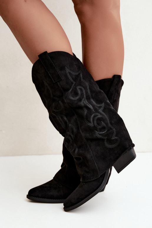 Bottes hautes style cowboy froissées avec talons et tige cousue noir Ives