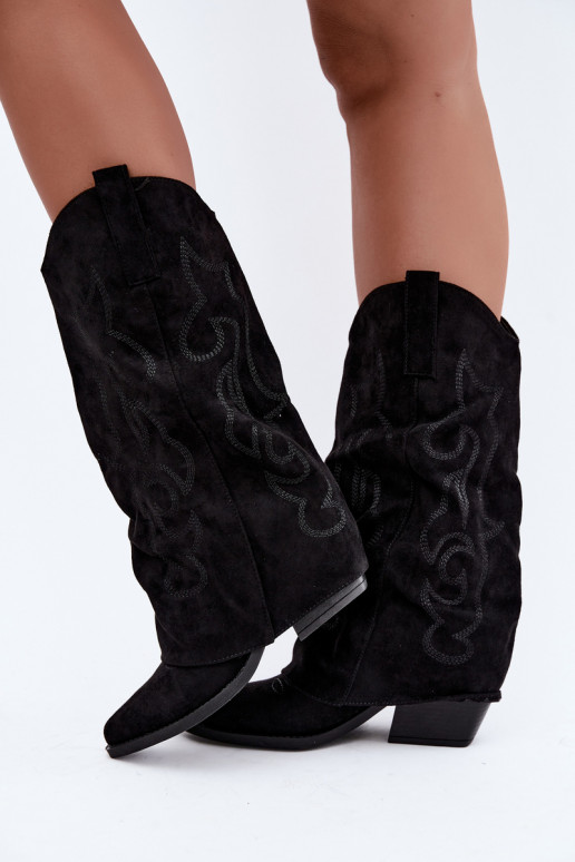 Bottes hautes style cowboy froissées avec talons et tige cousue noir Ives