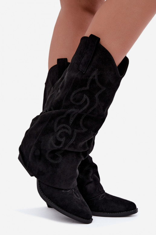 Bottes hautes style cowboy froissées avec talons et tige cousue noir Ives