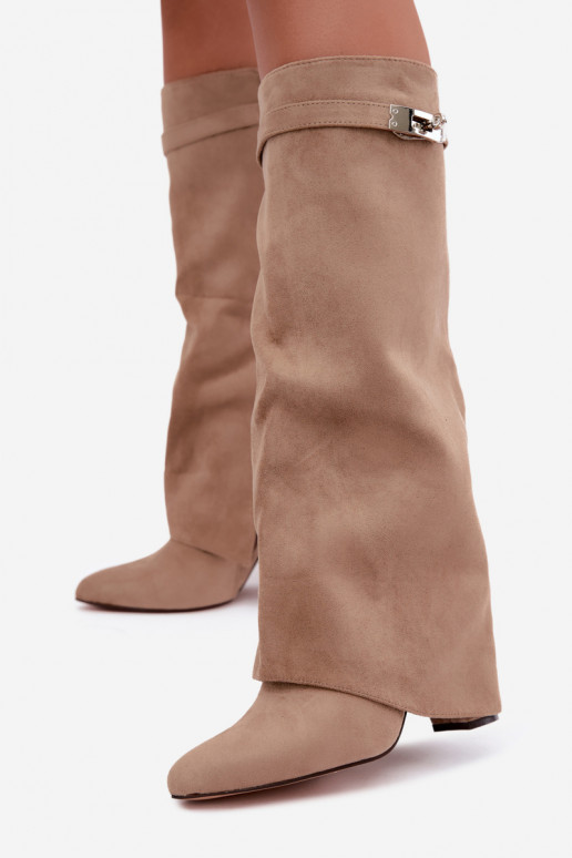 Bottes hautes pour femmes avec tige cousue et talons sable Salia