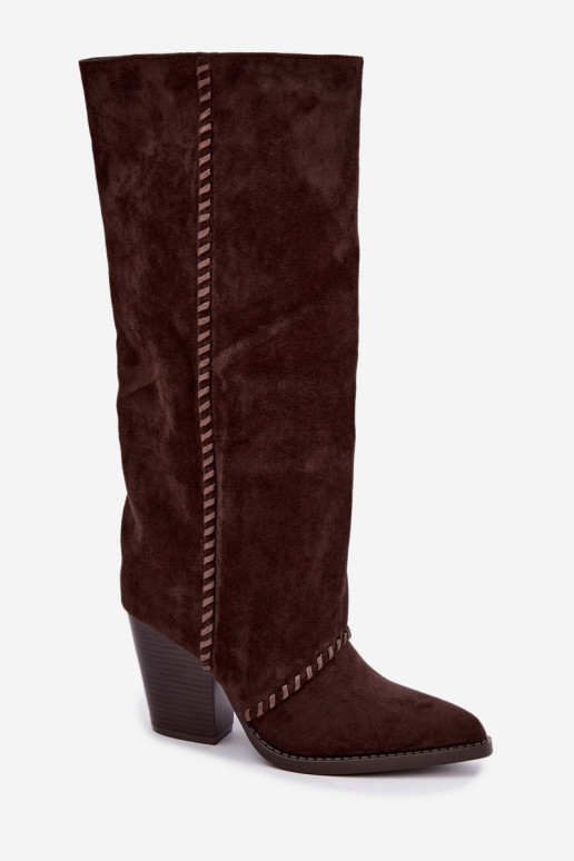 Dames cowboy-stijl lange laarzen met blokhak chocolade Noeline