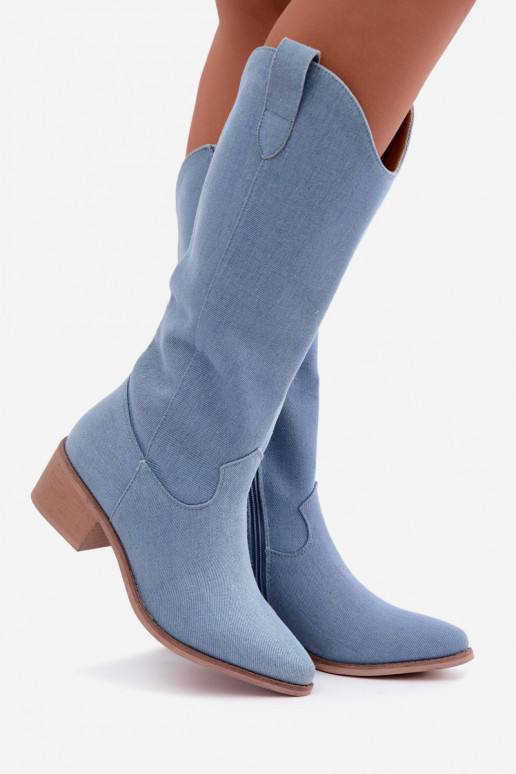 Dames cowboy-stijl kniehoge laarzen met hak van denim Zareya