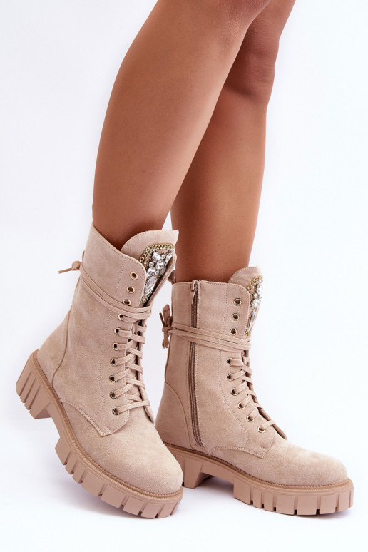 Sandkleurige faux suede enkellaarsjes met versieringen Tai turirx