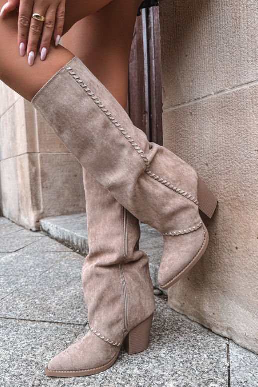 Dames cowboy-stijl lange laarzen met blokhak zandkleurig Noeline