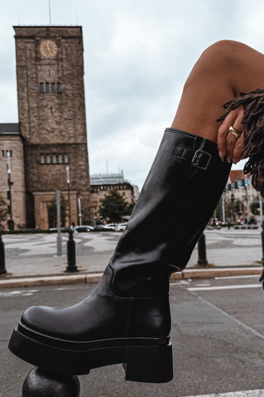 dames hoge laarzen met platform en gespen in zwarte kleur Fenley