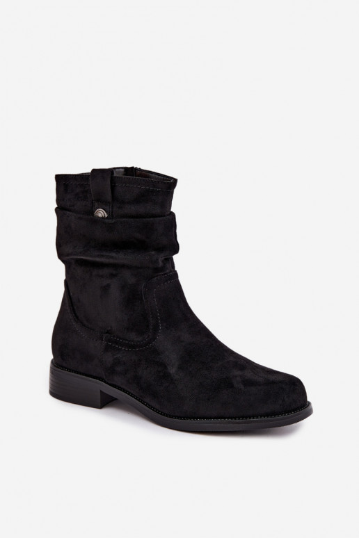 Wärmende Stiefeletten mit Rüschen und breiten Absätzen, schwarz