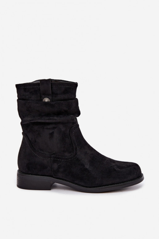 Wärmende Stiefeletten mit Rüschen und breiten Absätzen, schwarz