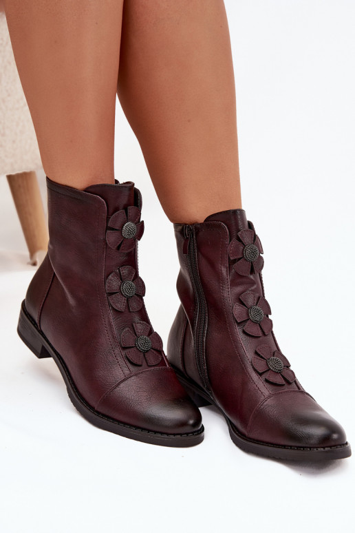 Bottines chaudes pour femmes avec talons larges et motifs floraux en bordeaux Pravienne