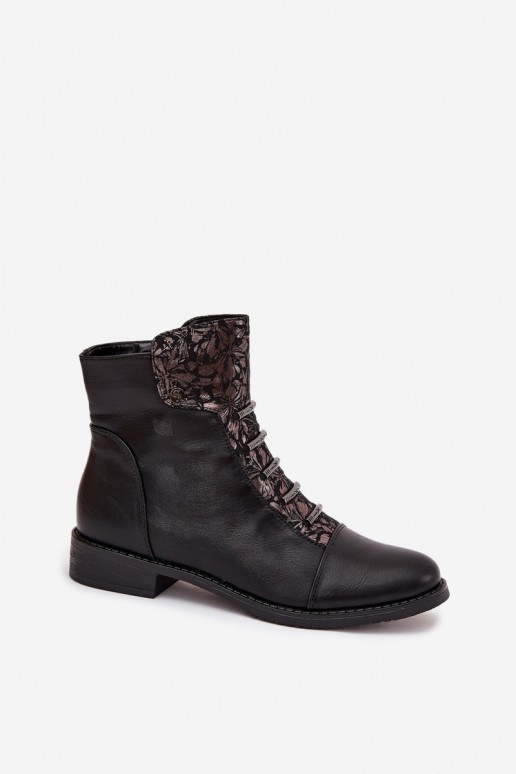 Bottines chaudes pour femmes avec talons larges et motifs floraux en noir Labise