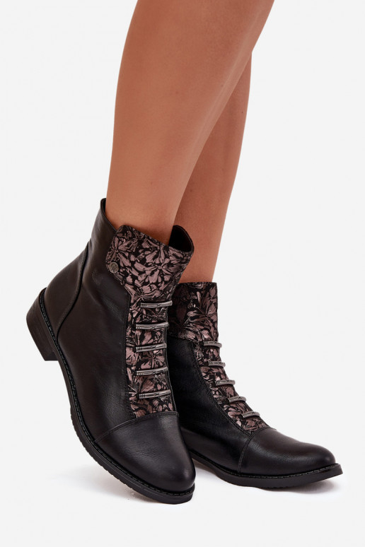 Bottines chaudes pour femmes avec talons larges et motifs floraux en noir Labise