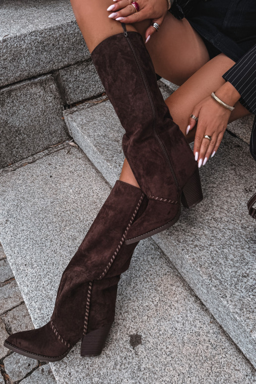 Bottes hautes pour femmes style cowboy avec talon bloc chocolat Noeline