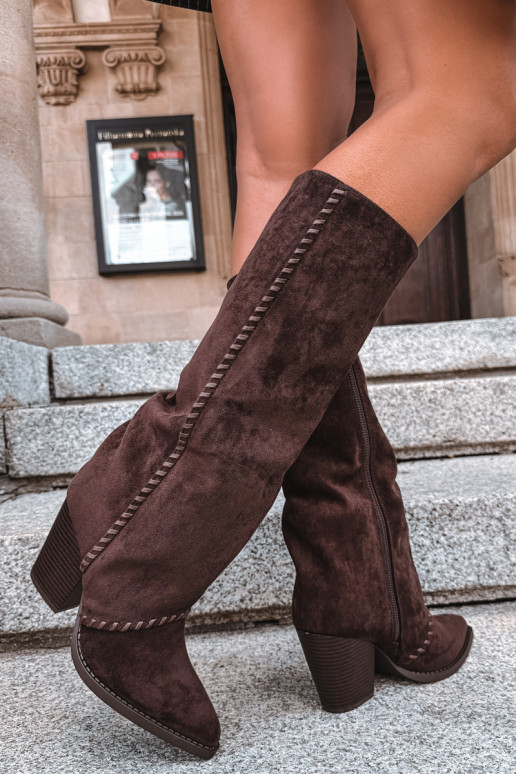 Dames cowboy-stijl lange laarzen met blokhak chocolade Noeline
