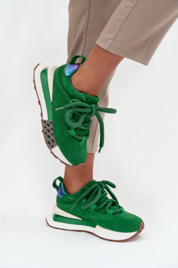 Faux suede dames sneakers met platform en dikke veters in groen Artiker 55C0136
