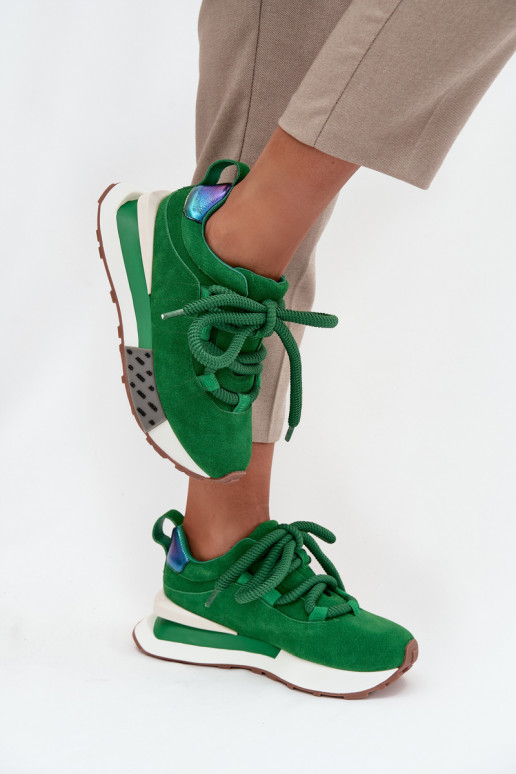 Faux suede dames sneakers met platform en dikke veters in groen Artiker 55C0136
