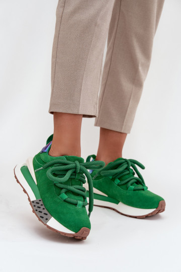 Faux suede dames sneakers met platform en dikke veters in groen Artiker 55C0136 2