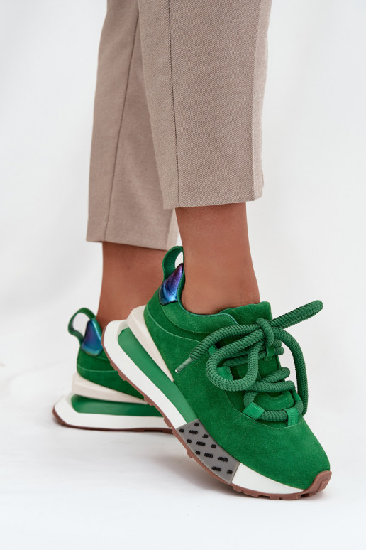 Faux suede dames sneakers met platform en dikke veters in groen Artiker 55C0136