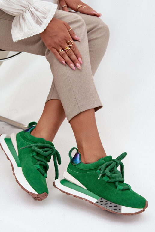 Faux suede dames sneakers met platform en dikke veters in groen Artiker 55C0136