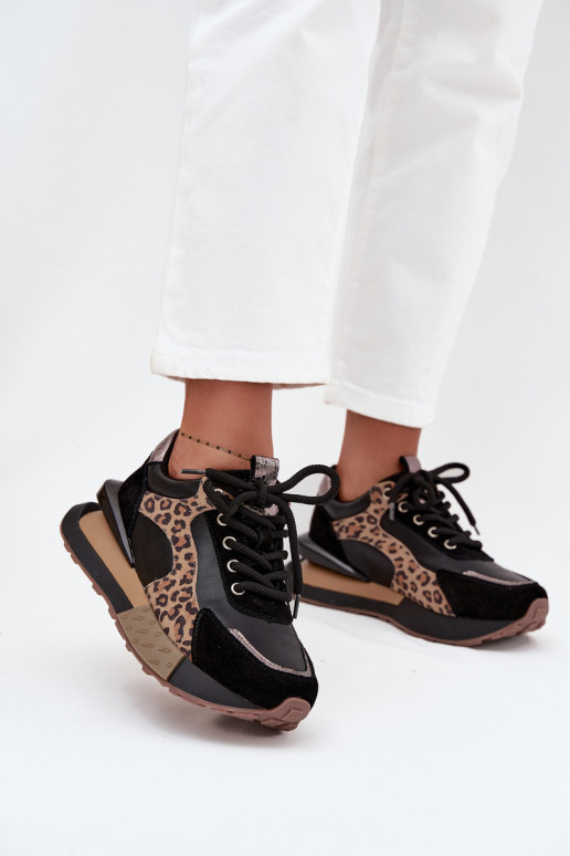 Leren dames sneakers met platform en luipaardprint in zwart Artiker 55C0134
