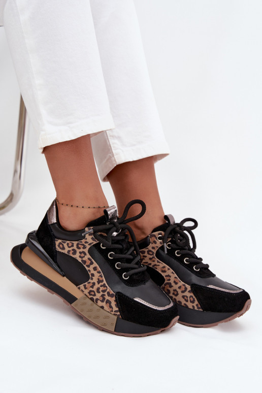 Leren dames sneakers met platform en luipaardprint in zwart Artiker 55C0134