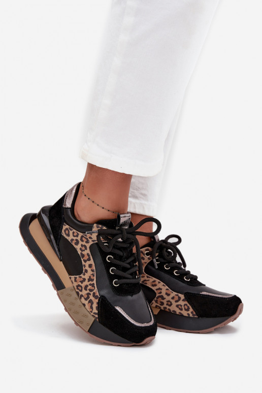 Leder-Damensneaker mit Plateau und Leopardenmuster in Schwarz Artiker 55C0134