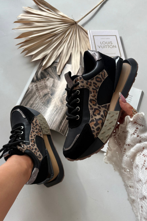 Leren dames sneakers met platform en luipaardprint in zwart Artiker 55C0134