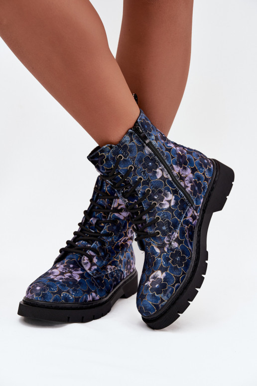 Warme dames enkellaarsjes met bloemen in donkerblauw Artiker 57C1052
