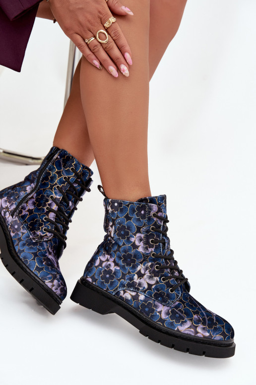 Warme Damenstiefeletten mit Blumen in Dunkelblau Artiker 57C1052