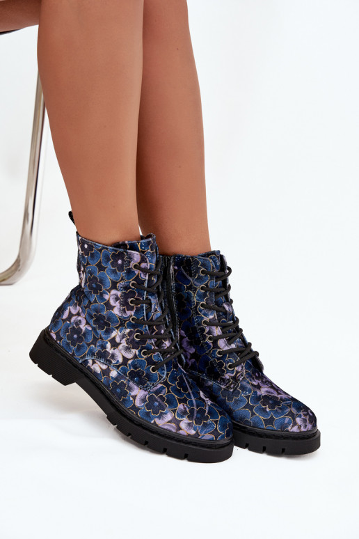 Warme Damenstiefeletten mit Blumen in Dunkelblau Artiker 57C1052