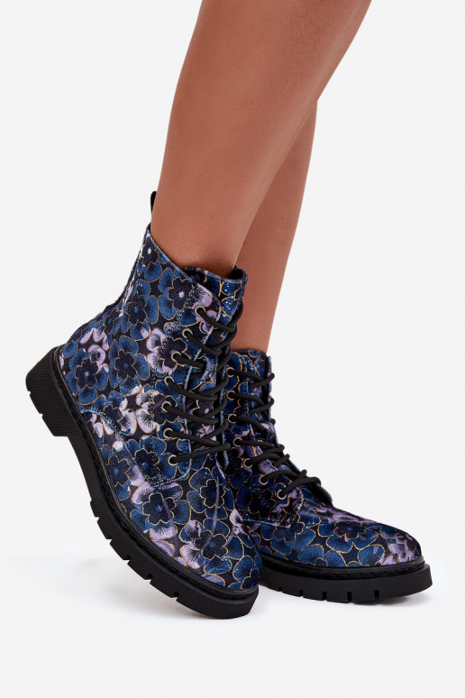 Warme Damenstiefeletten mit Blumen in Dunkelblau Artiker 57C1052