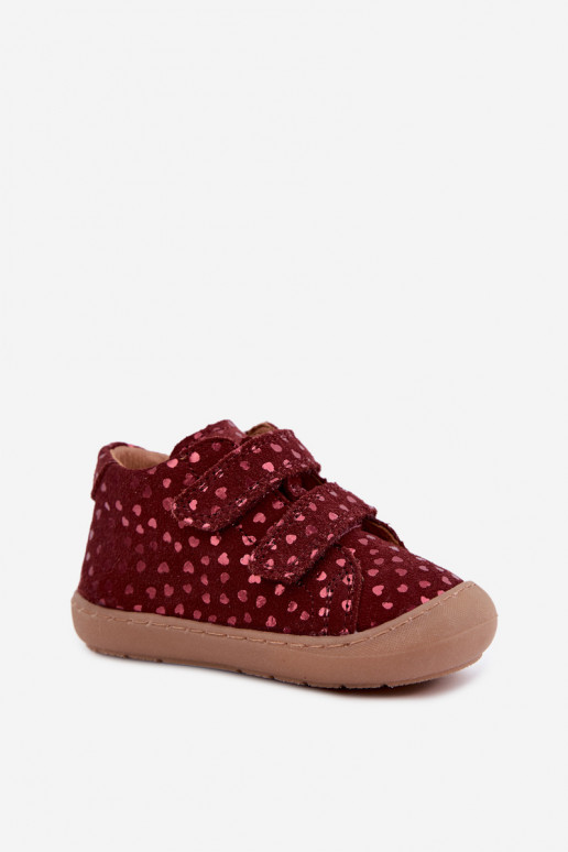 Bordeauxkleurige kindersuède schoenen Barefoot met hartjes Froddo G2130328-66