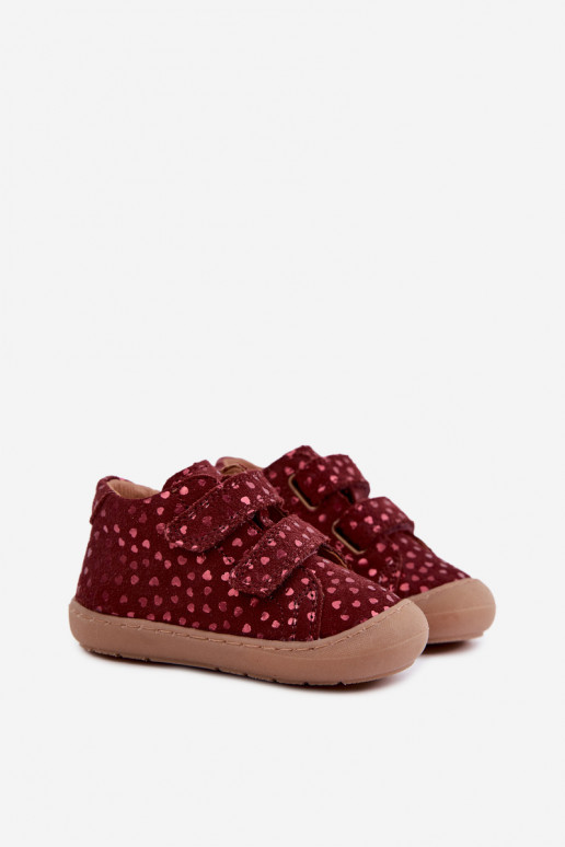Chaussures en daim pour enfants bordeaux Barefoot avec cœurs Froddo G2130328-66