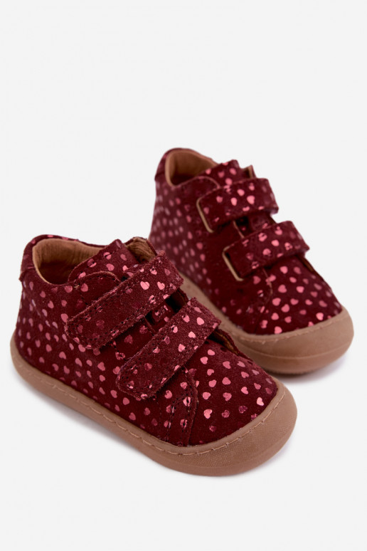 Chaussures en daim pour enfants bordeaux Barefoot avec cœurs Froddo G2130328-66