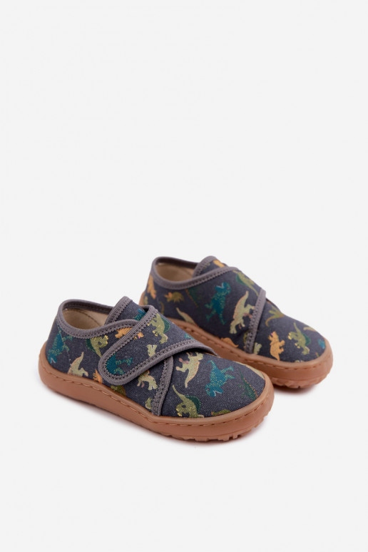 Chaussons pour enfants garçons avec fermetures adhésives Barefoot Dinozaurai Froddo G1700438-26 en gris