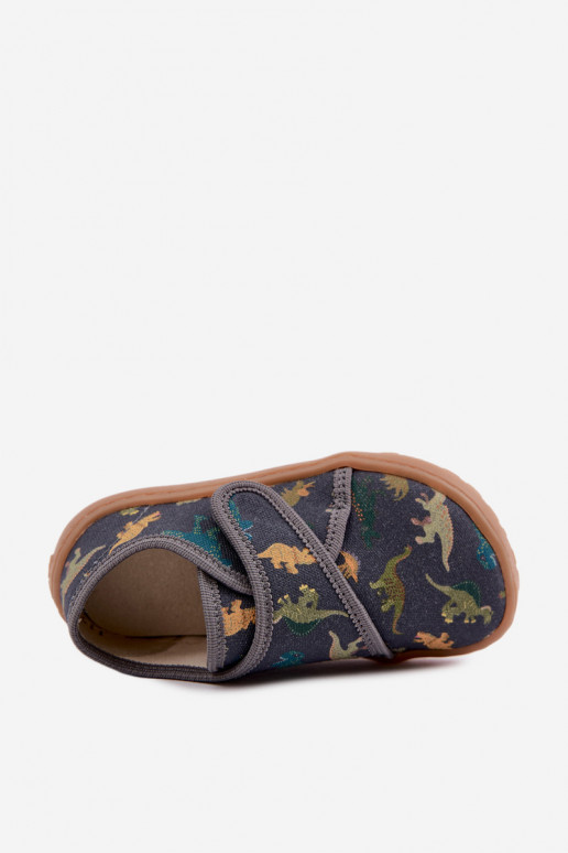 Kinderhausschuhe für Jungen mit Klettverschlüssen Barefoot Dinozaurai Froddo G1700438-26 in Grau