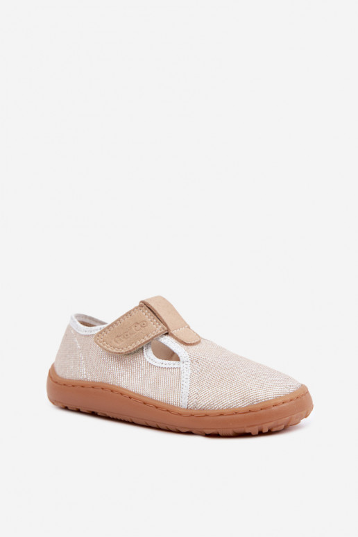 Chaussons pour enfants avec fermetures adhésives et brillance Barefoot Froddo Canvas G1700439-3 en or