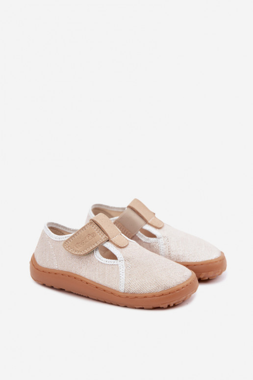 Chaussons pour enfants avec fermetures adhésives et brillance Barefoot Froddo Canvas G1700439-3 en or