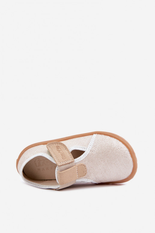 Chaussons pour enfants avec fermetures adhésives et brillance Barefoot Froddo Canvas G1700439-3 en or