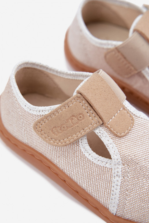 Chaussons pour enfants avec fermetures adhésives et brillance Barefoot Froddo Canvas G1700439-3 en or
