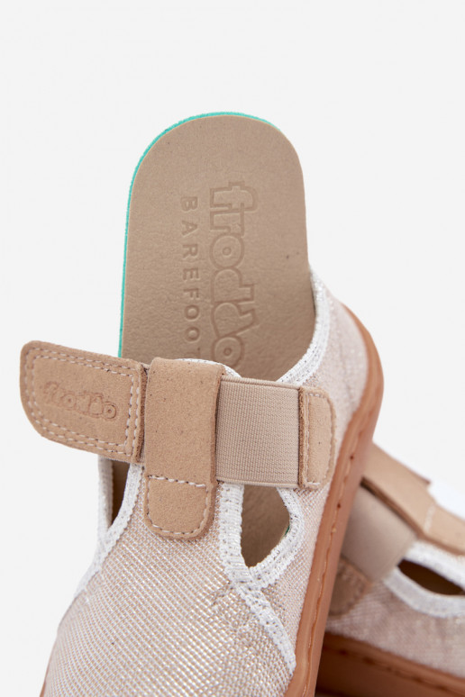 Chaussons pour enfants avec fermetures adhésives et brillance Barefoot Froddo Canvas G1700439-3 en or