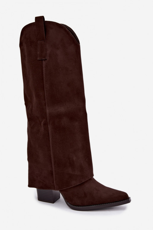 Warmes Cowboy-Stil Kniehohe Stiefel mit Absätzen und genähtem Schaft CzekoladoĮe Julena