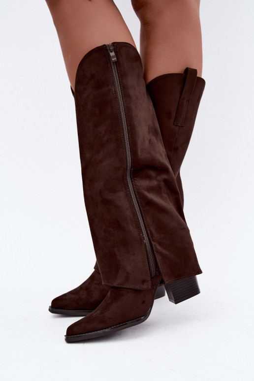 Bottes hautes isolées de style cowboy avec talons et tige cousue CzekoladoĮe Julena