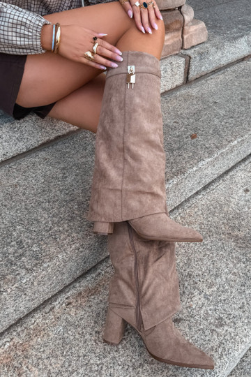 Bottes longues chaudes avec talons et incrustation dorée couleur sable Danessa