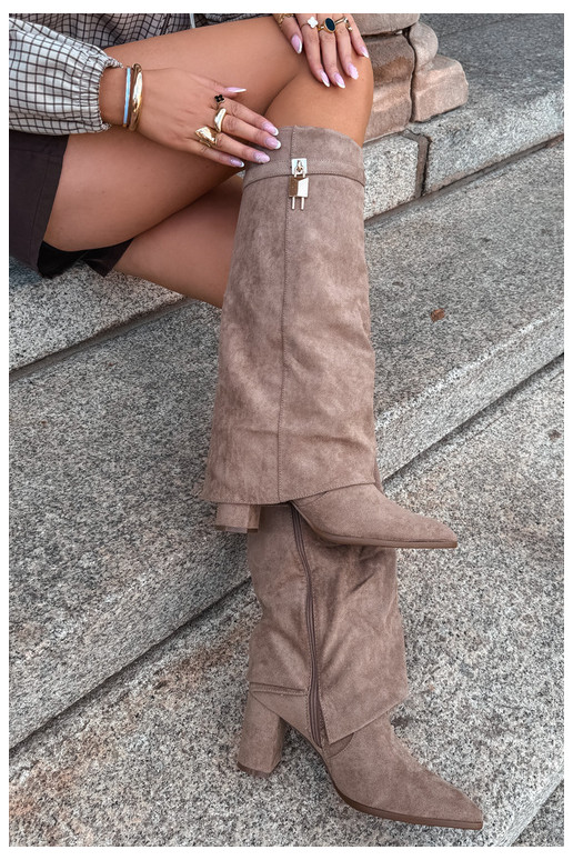 Bottes longues chaudes avec talons et incrustation dorée couleur sable Danessa