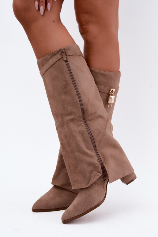 Bottes longues chaudes avec talons et incrustation dorée couleur sable Danessa
