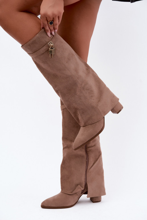 Bottes longues chaudes avec talons et incrustation dorée couleur sable Danessa